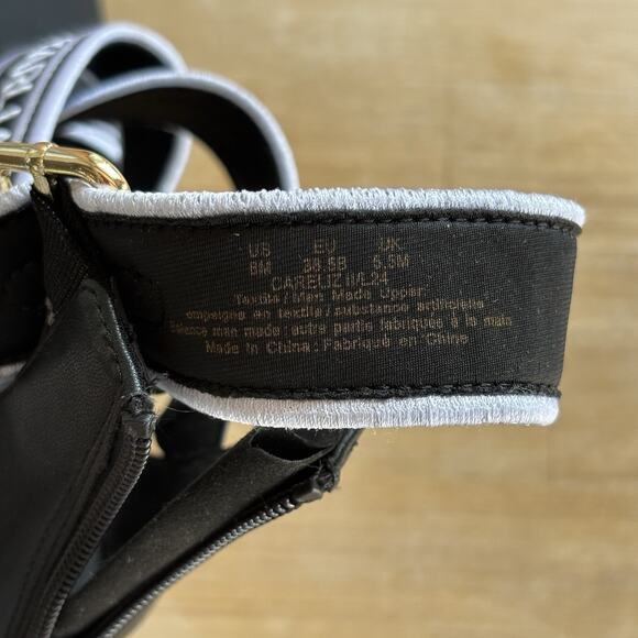 Karl Lagerfeld Paris Black Logo Strap Stiletto Heels 8M Elastic Designer Sandals - Picture 8 of 10